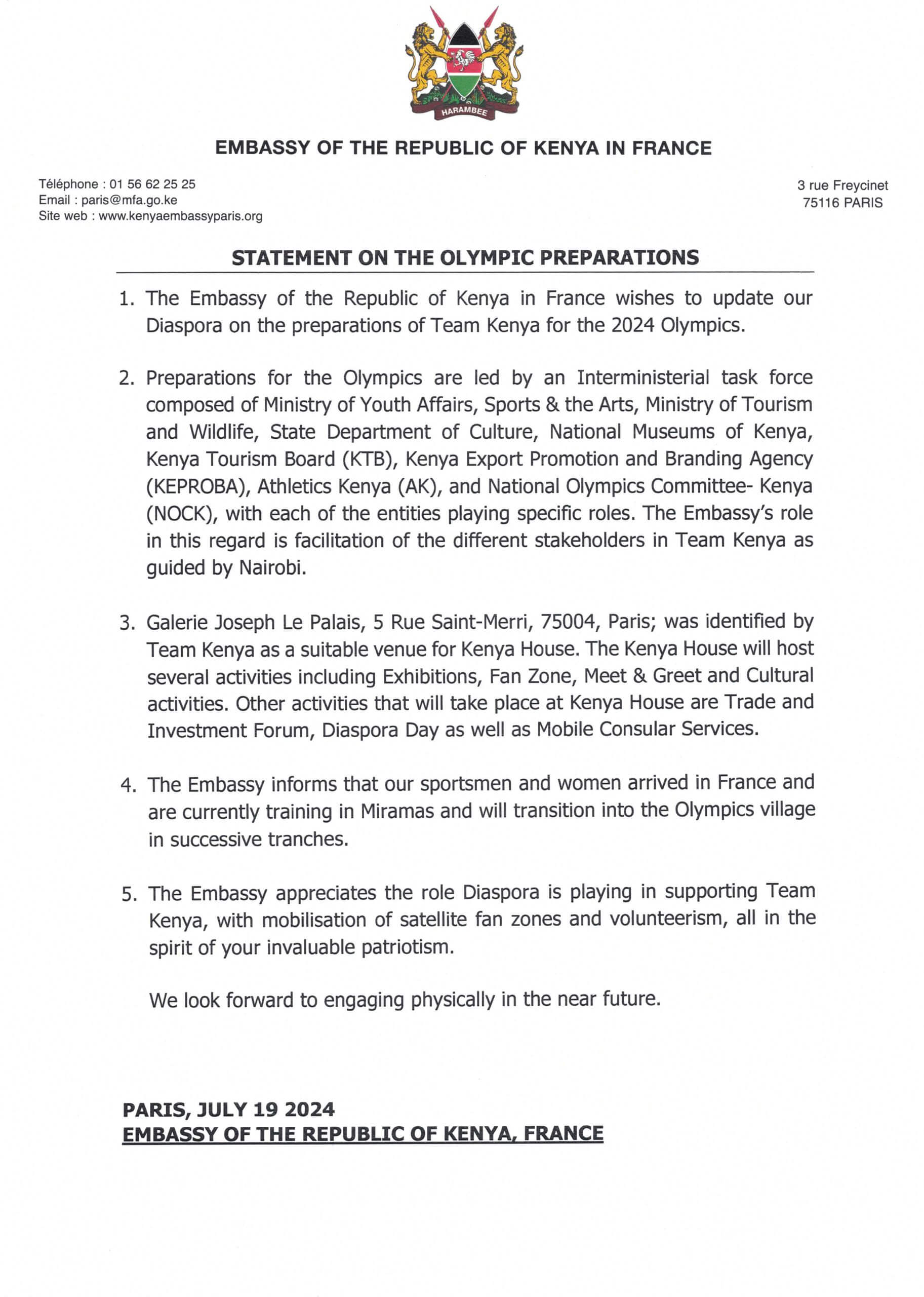 STATEMENT ON THE OLYMPIC PREPARATIONS